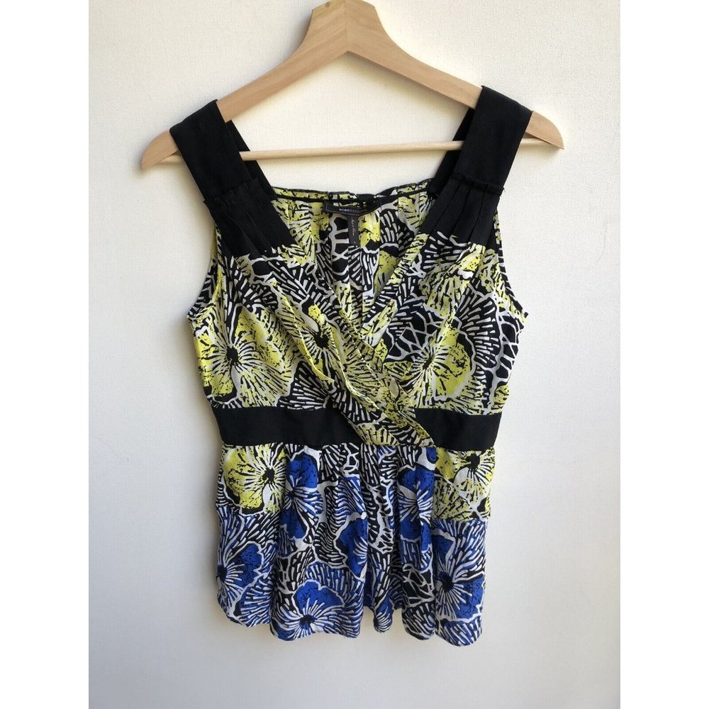 BCBGMaxazria Silk V-neck Sleeveless Blouse Size Small Black Yellow Blue